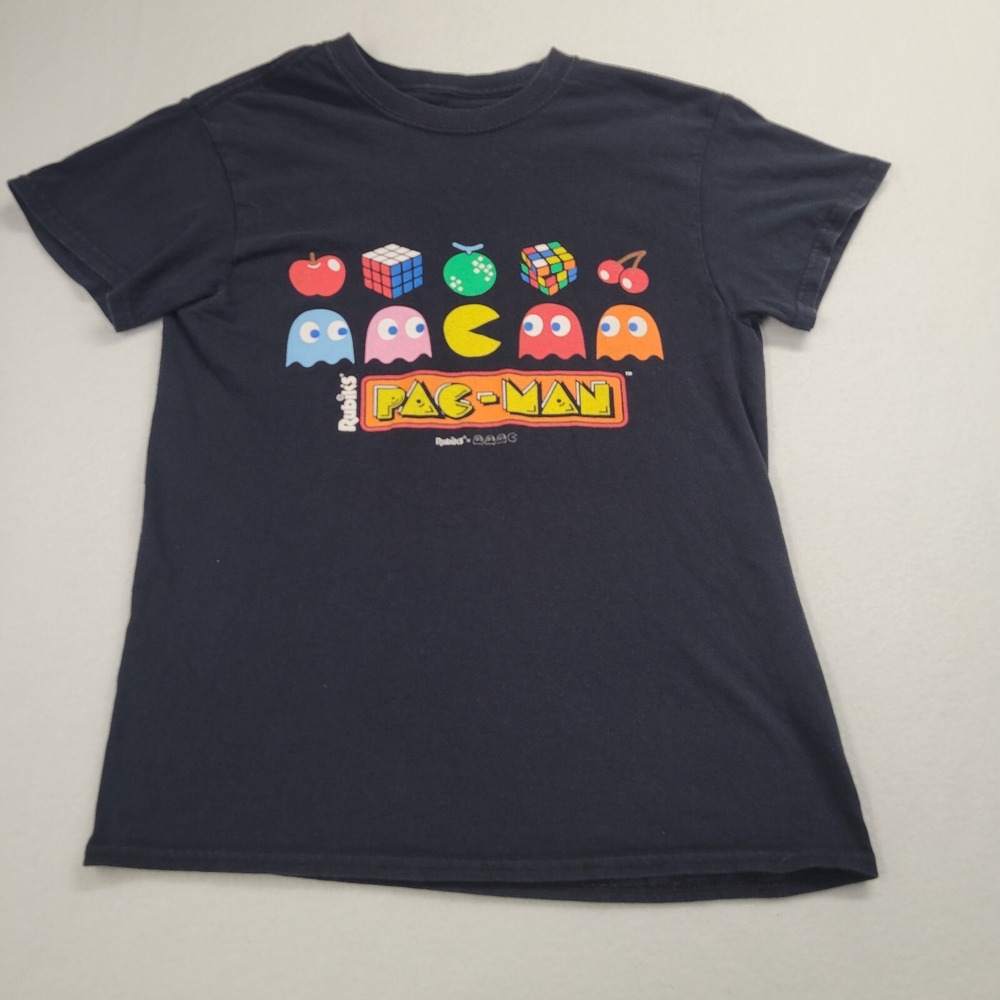 Pac-Man x Rubiks‎ Cube Graphic T-Shirt Mens Small Black Short Sleeve Retro Tee